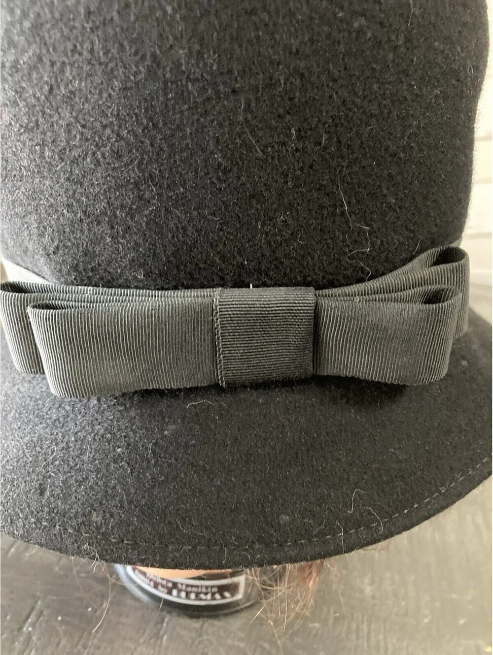 Vintage Womens Black Wool Bowler Derby Hat Bow Union Made Large Mid Century Neco